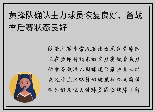 黄蜂队确认主力球员恢复良好，备战季后赛状态良好